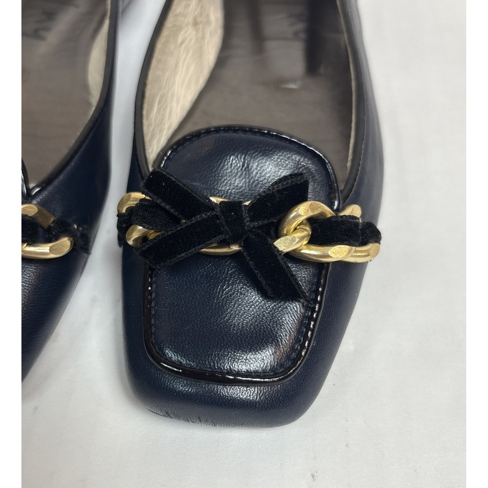 French Sole Gleam Navy Blue Nappa Leather Square Toe Chain Bow Women's Size 5M - Picture 9 of 10